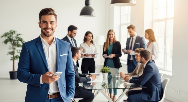 Smiling confident businessman holding phone in modern office meeting room with diverse team during a bright sunny day - Powered by Adobe