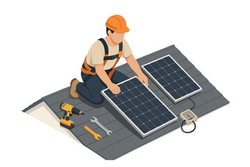 Young adult male installing solar panels on rooftop efficiently