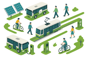 Sustainable urban transport: eco-friendly buses, trams, and bicycles in green cityscape