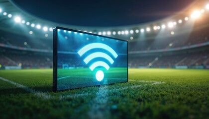 Screen displays wifi symbol on soccer field with stadium lights. Modern tech connects fans to sports event. Wireless signal on green pitch at night.