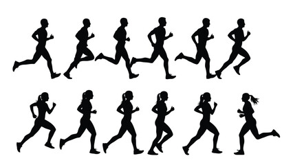 Naklejka premium Silhouettes of men and women running on white background