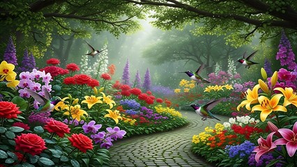 Vibrant Garden Path with Colorful Flowers and Flying Birds in a Lush Nature Landscape.