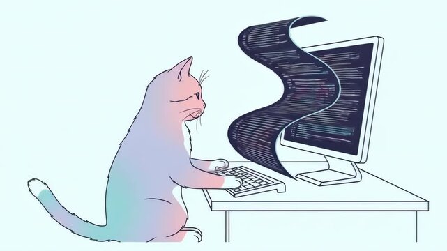 A Colorful Cartoon Cat Typing on a Computer Keyboard.