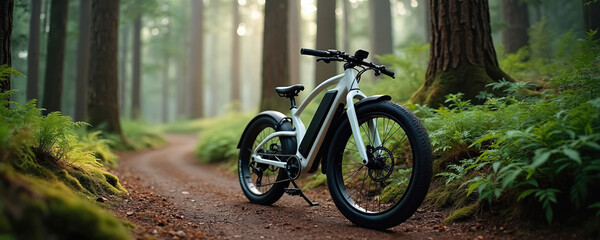 White electric bicycle rests on forest path. Tall trees and green ferns surround trail. Misty morning light illuminates scenic natural setting.
