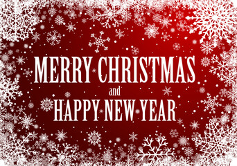 Christmas greting card with white frame of snowflakes on dark red background. New-Year winter vector illustration with copy-space.