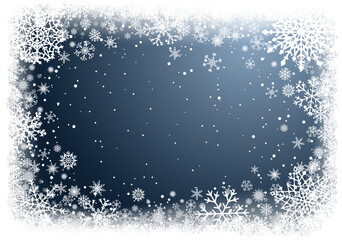 Christmas greeting card with white frame of snowflakes on dark blue background. New-Year winter vector illustration with copy-space.