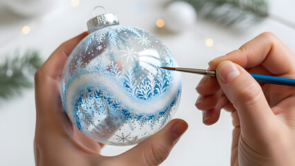 Woman painting a decorative Christmas ornament with blue designs  