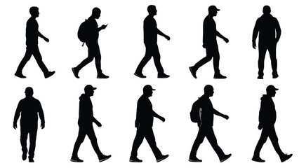 Fototapeta premium Collection of people walking silhouettes on white background