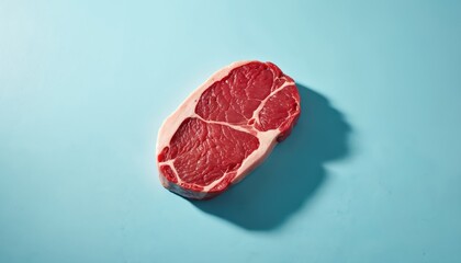 Single raw steak lies on blue surface. Fresh red meat portion with white fat trim ready for cooking or food photography. Protein ingredient for tasty meals and dinner prep.