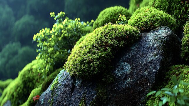 Fresh green moss growing over stone pictures