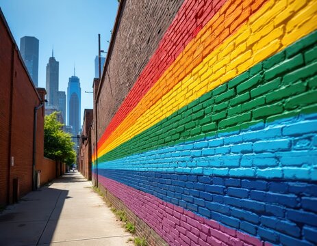 Rainbow painted on brick wall in urban alleyway with city skyscrapers in background. LGBT pride symbol. Colourful street art in modern city. Narrow passageway between buildings with rainbow colors. - Powered by Adobe