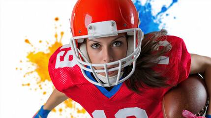 Female caucasian young american football player in red gear with orange helmet and football