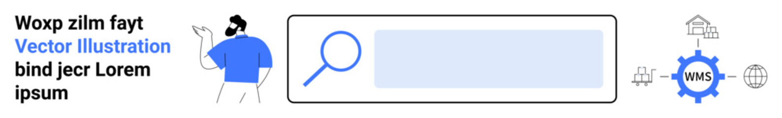 Digital marketing, data analysis, SEO strategies, online research, business tools, information flow. A man gestures towards a search bar with data icons. Digital marketing and data analysis concept