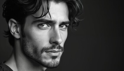 Close up headshot of a young man with dark wavy hair and beard. His gaze is direct and thoughtful. Black and white studio portrait, modern male style.