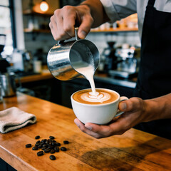 A barista is pouring milk into a cup of coffee