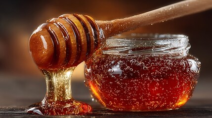 Golden honey dripping from wooden dipper closeup images