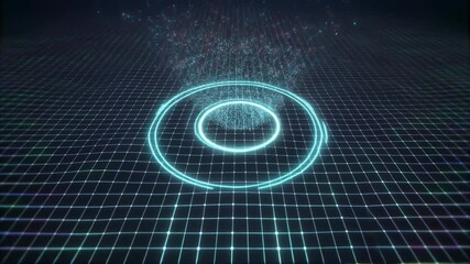 Abstract digital wave grid with glowing blue concentric circles and particle effects, futuristic technology background - Powered by Adobe