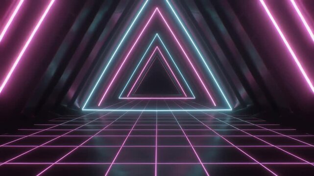 Retro 80s synthwave tunnel with neon triangles and grid floor, abstract cyberpunk background