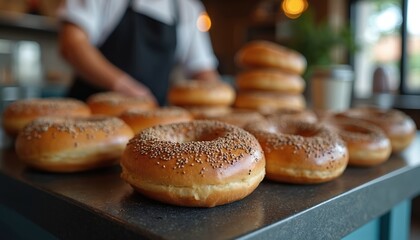 Freshly baked bagels with sesame seeds stacked in cafe. Barista prepares food behind counter. Soft warm lighting creates inviting bakery ambiance for customers enjoying sweet treats and coffee drinks.