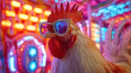 rooster stands still while wearing large colorful sunglasses. background features bright lights and decorations typical of festive event, highlighting lively atmosphere