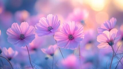Beautiful field of pink flowers glowing in soft sunlight, symbolizing spring nature, beauty, romance, wellness, peace, seasonal inspiration, creative design, meditation, and floral natural harmony.