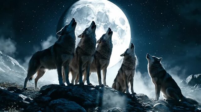 A Majestic Wolf Pack Howling at the Bright Full Moon.