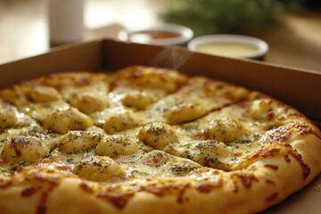 A hot cheesy pizza with herb toppings sits ready to be enjoyed.