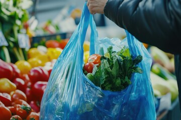 A hand holds a blue bag filled with fresh vegetables and ripe tomatoes at a market.