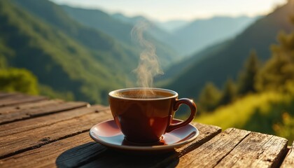 Fototapeta premium Steaming coffee cup sits on rustic wooden table overlooking lush green mountain valley at sunrise. Early morning beverage offers warmth and scenic view. Perfect start for a day of exploration.