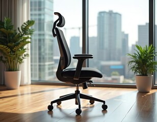 Modern black office chair with headrest sits on wood floor. High backrest chair has mesh fabric and adjustable arms. Potted plants flank window with city view.