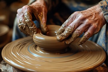 Hands shaping clay on a spinning wheel to create a pottery bowl.