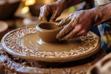 Hands shaping clay on a pottery wheel creates a small bowl with decorative patterns.