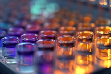 Rows of colorful liquids are placed in small test tubes.