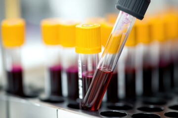 A close up shows a test tube with red liquid inside, placed in a rack.