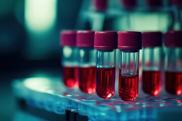 Several small glass tubes with red liquid stand in a tray waiting for testing.