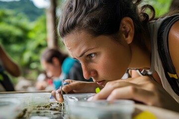 A young person carefully examines small objects in clear containers during an outdoor science study.