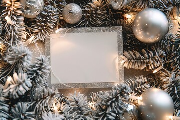 top view mockup greenery is arranged with silver ornaments and lights. There is blank space in center for adding messages or wishes. scene is suited for winter celebrations and greetings