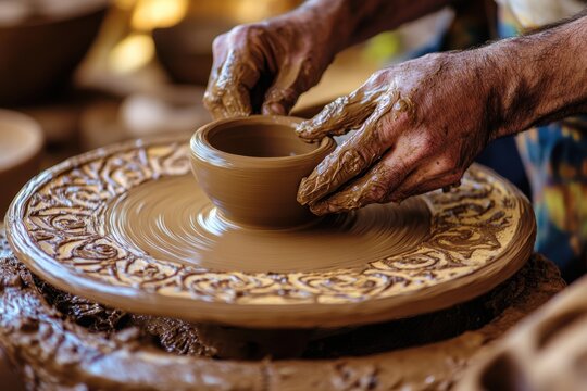 Hands shaping clay on a pottery wheel creates a small bowl with decorative patterns. - Powered by Adobe