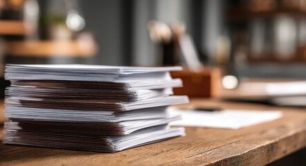 Fototapeta premium Neatly Arranged Stack of Documents on Office Table: A Symbol of Efficient Paper Management for Workflow and Reporting