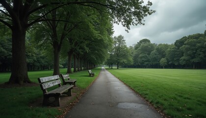 Fototapeta premium Empty park path with old wooden benches and mature green trees lining walkway. Overcast sky looms above manicured lawn. Serene quiet nature scene invites peaceful rest.