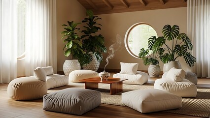 Modern Japandi Living Room Interior with Bean Bags Floor Cushions and Potted Plants.