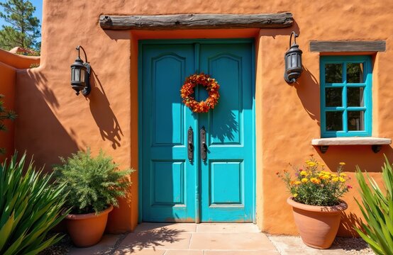 Bright orange wall features turquoise double doors with leaf wreath. Outdoor planters hold green plants and yellow flowers beside a small blue window.