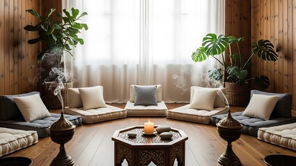 Serene Meditation Space with Floor Cushions Natural Light and Incense for Yoga  Wellness.