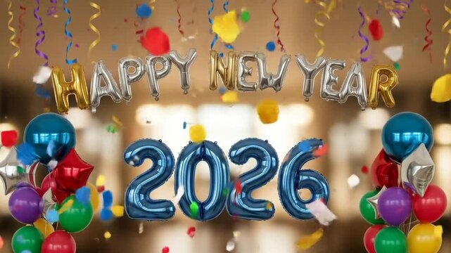Happy New Year 2026 New Year text balloons. 4k video