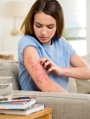 Woman Scratching Arm with Skin Rash - Allergy, Eczema, or Insect Bite