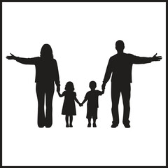 Silhouette of a Family of Four with Arms Outstretched Keywords: family, parents, children, silhouette, arms outstretched, holding hands
