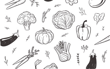 Black and white hand drawn vegetable line collection