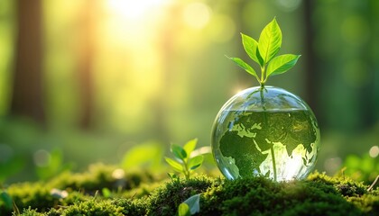Glass sphere with earth map inside and green sprout on top sits on mossy ground in forest sunlight. New plant grows from planet model filled with clear liquid.