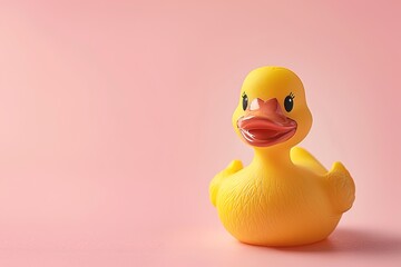 yellow rubber duck is sitting on pink background. duck is smiling and has its mouth open