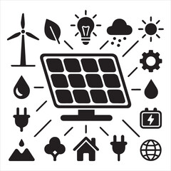 Eco Solar Panels Green Energy Thin Line Silhouette